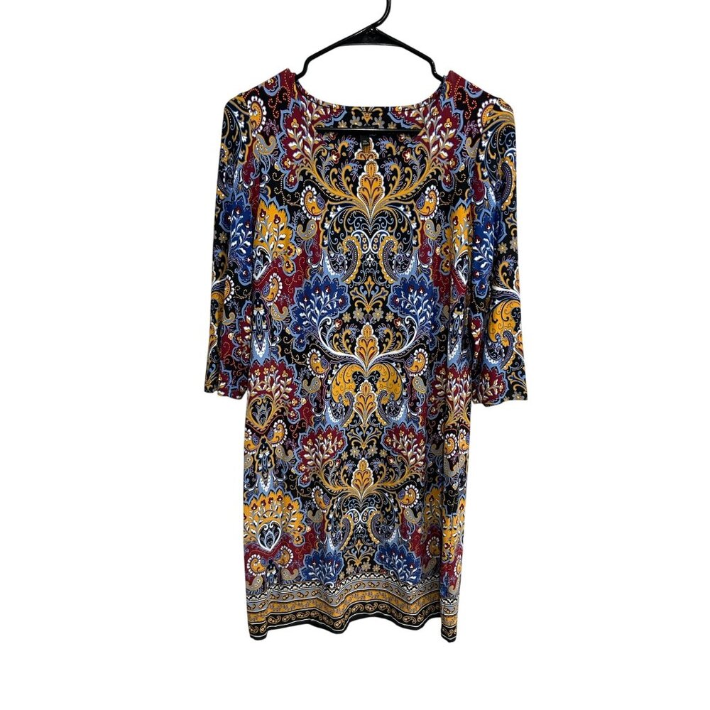 Talbots 3/4 Sleeve Jersey Paisley Shift Dress Multicolor Sz Medium Petite Boho